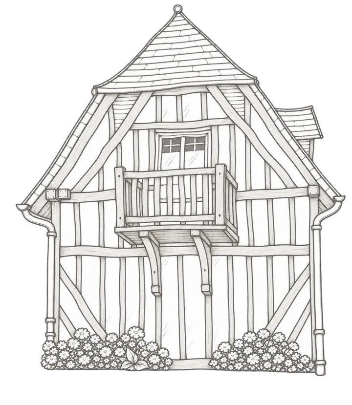 Reinette Grise dessinée au crayon : ses colombages, son balcon de bois et ses massifs de fleurs