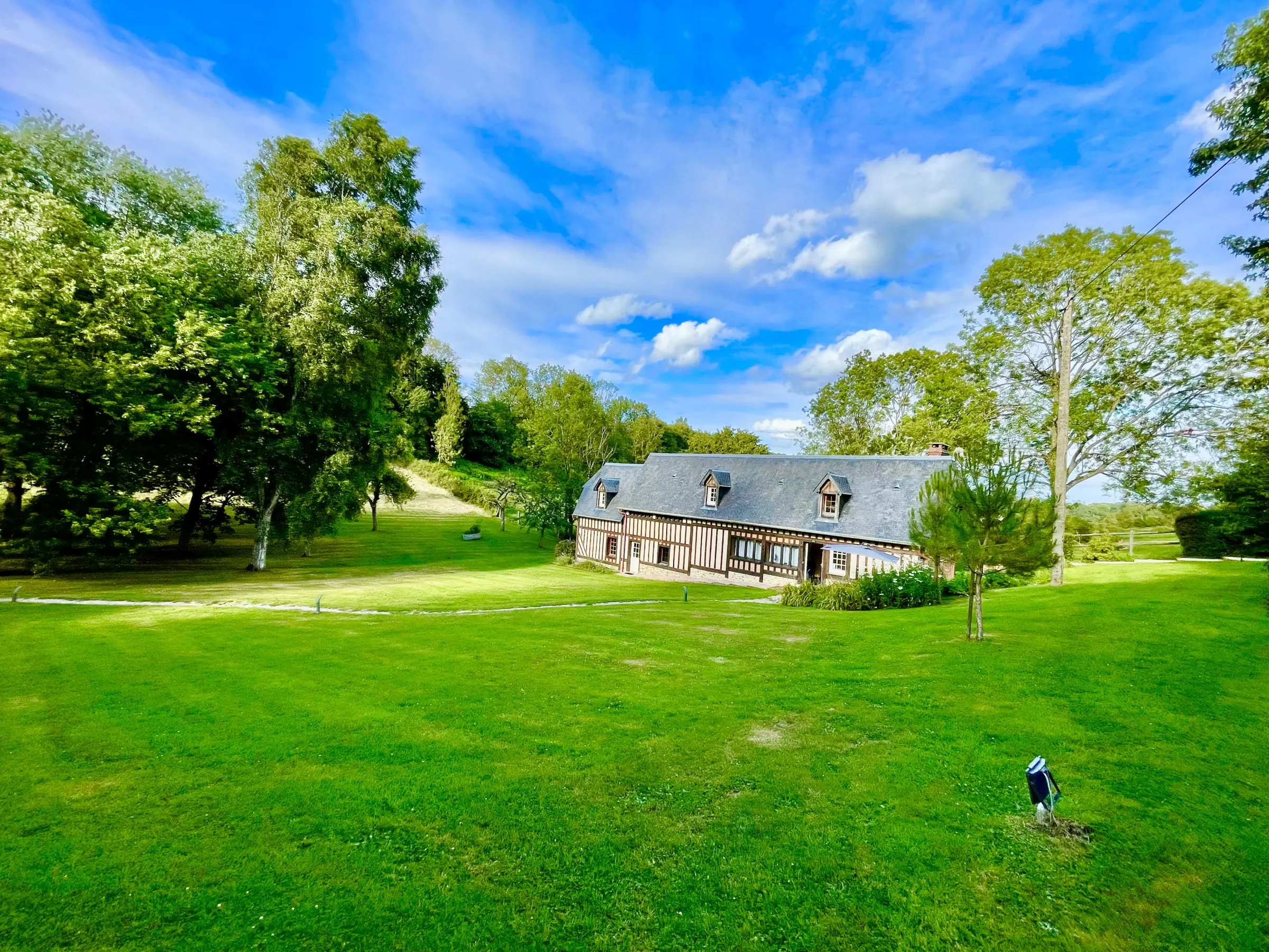 La grande pelouse du Hameau des Prés-Verts, bordée d’arbres, sous un ciel d’été