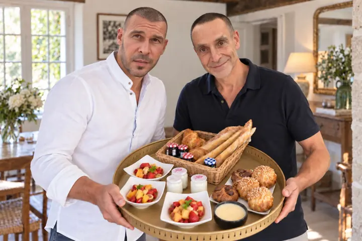 Loïc et Stéphane, vos hôtes au Hameau des Prés-Verts, et le plateau du petit-déjeuner