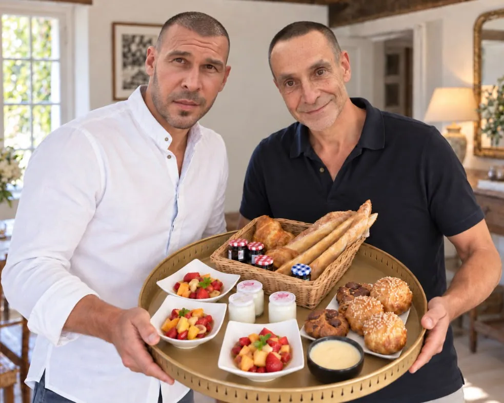 Loïc et Stéphane dans la salle à manger, un plateau de petit-déjeuner entre les mains : viennoiseries, fruits, confitures