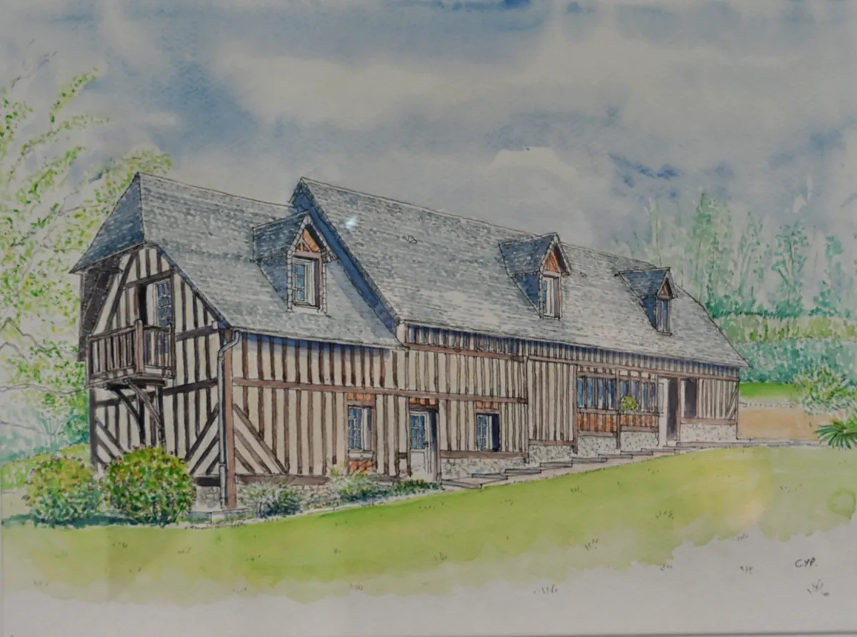 L’aquarelle finie de Cyp : Reinette Grise, au Hameau des Prés-Verts, sa façade à colombages, son toit d’ardoise et ses lucarnes, la pelouse devant, les arbres autour, signée CYP en bas à droite